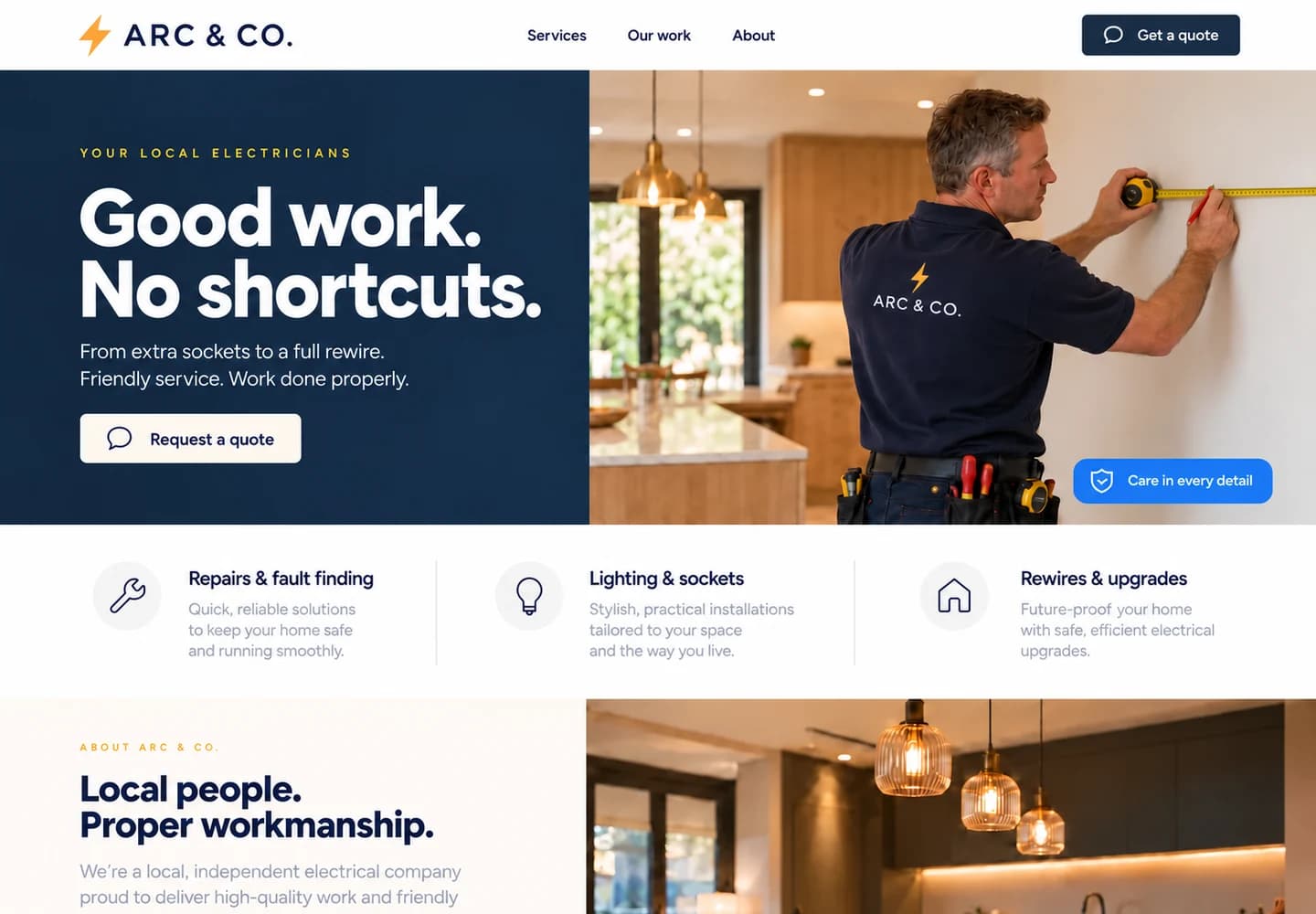 Electrician website example in navy and blue, with an electrician using a tape measure on a blank kitchen wall, clear services and a quote button
