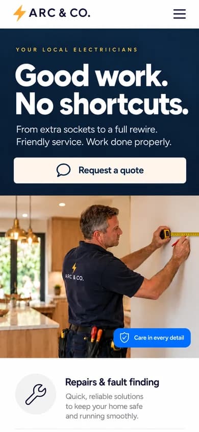 The electrician website example on a phone, with a clear quote button and easy-to-read services