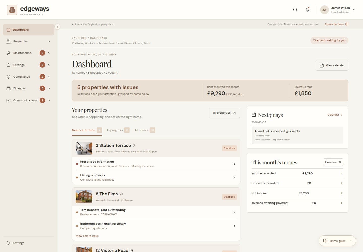 Edgeways Demo Property property management dashboard